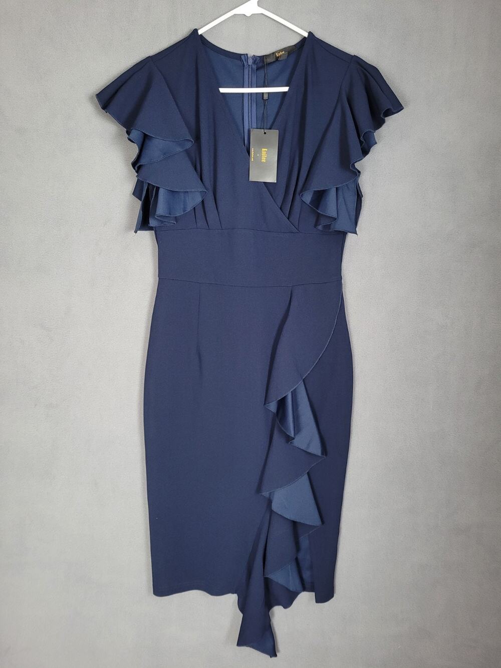 Knitee Womens Deep-V Neck Ruffle Sleeve Cocktail Party Pencil Dress Medium